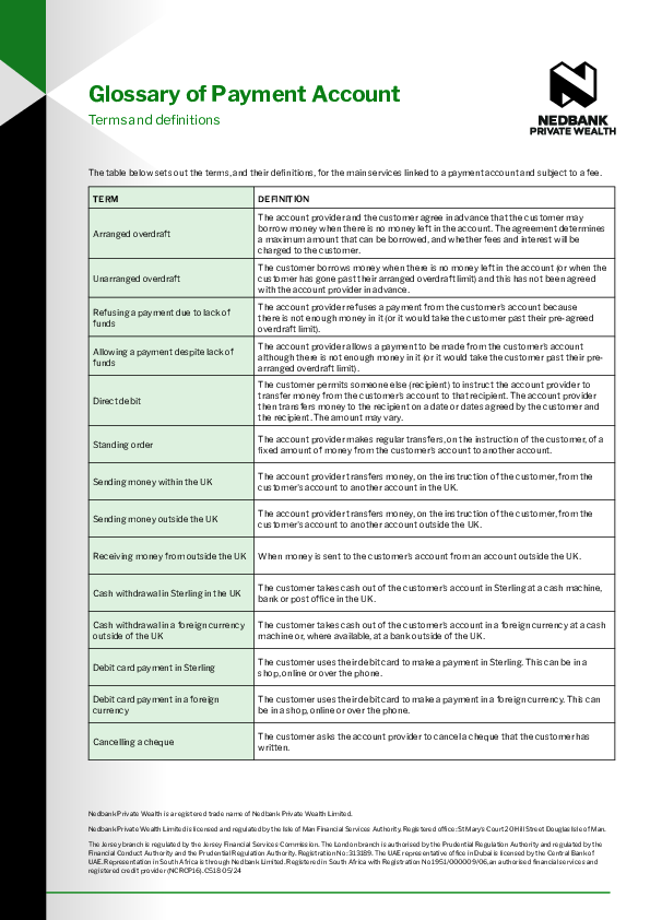 Payment account glossary of terms