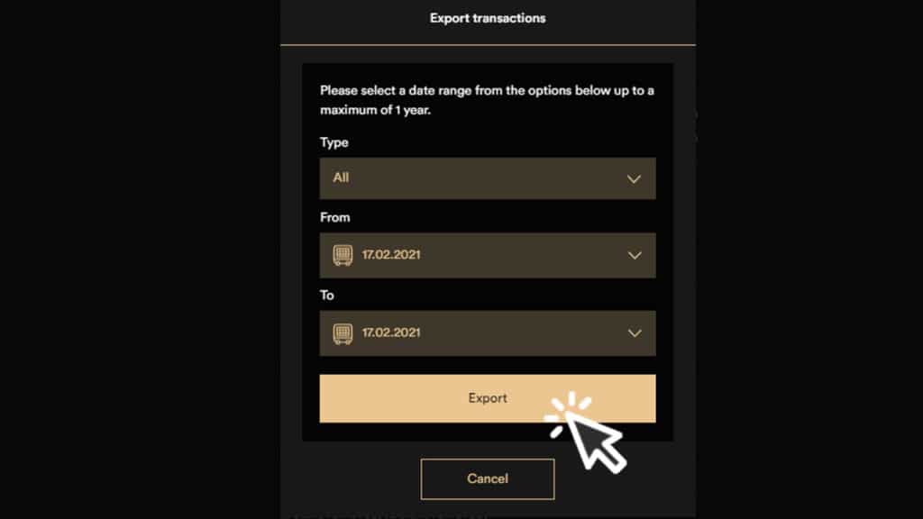 A print screen from the online application directing visitors to click Export