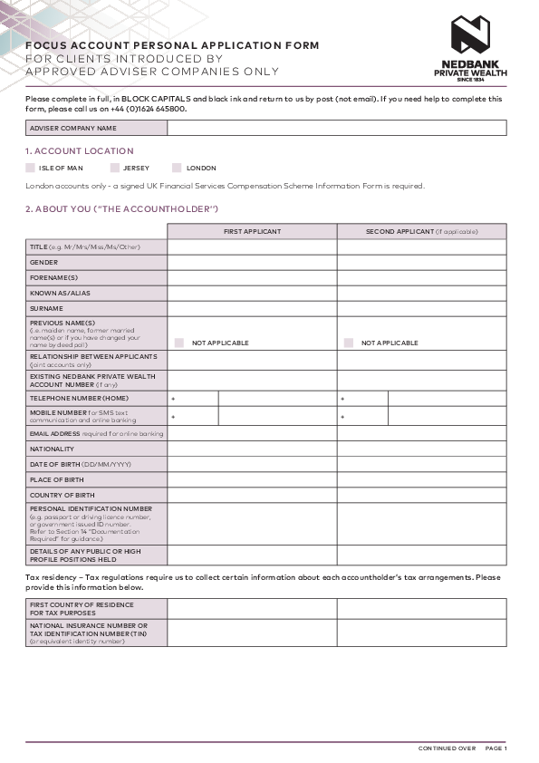 Focus account application form – Introduced clients