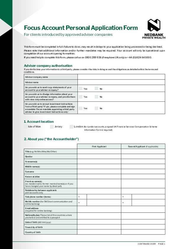 Focus account application form – Introduced clients