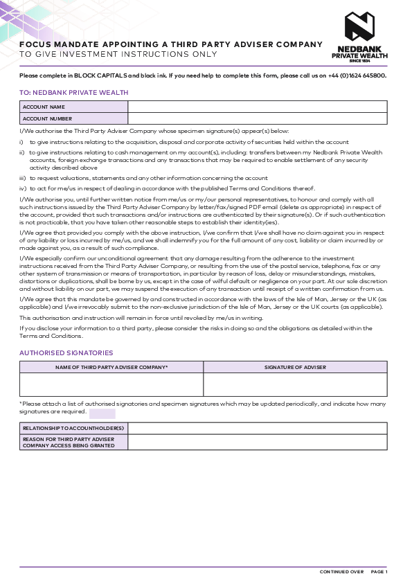 Focus appoint third party adviser company mandate