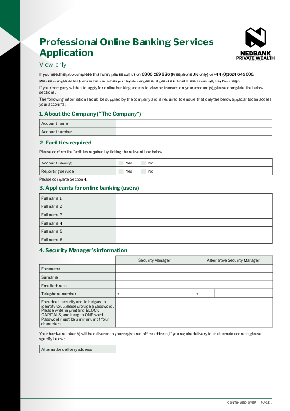 Professional online banking service – Application form