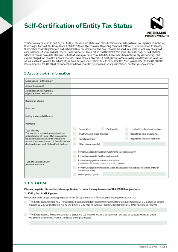 Self-certification of entity tax form