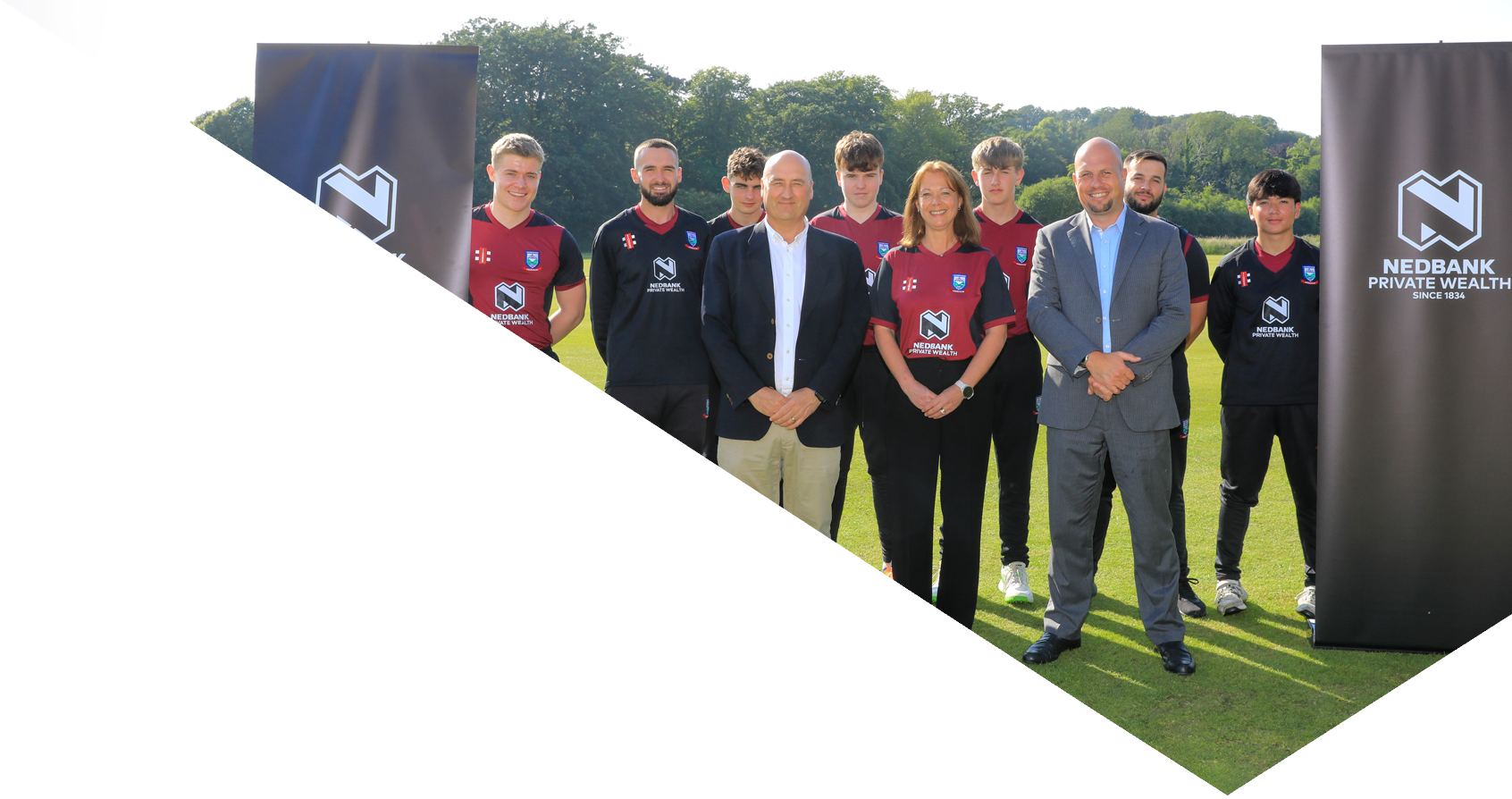 Cronkbourne players and club chairman Kathryn Clough with Andrew Halsall and James Simpson of Nedbank Private Wealth