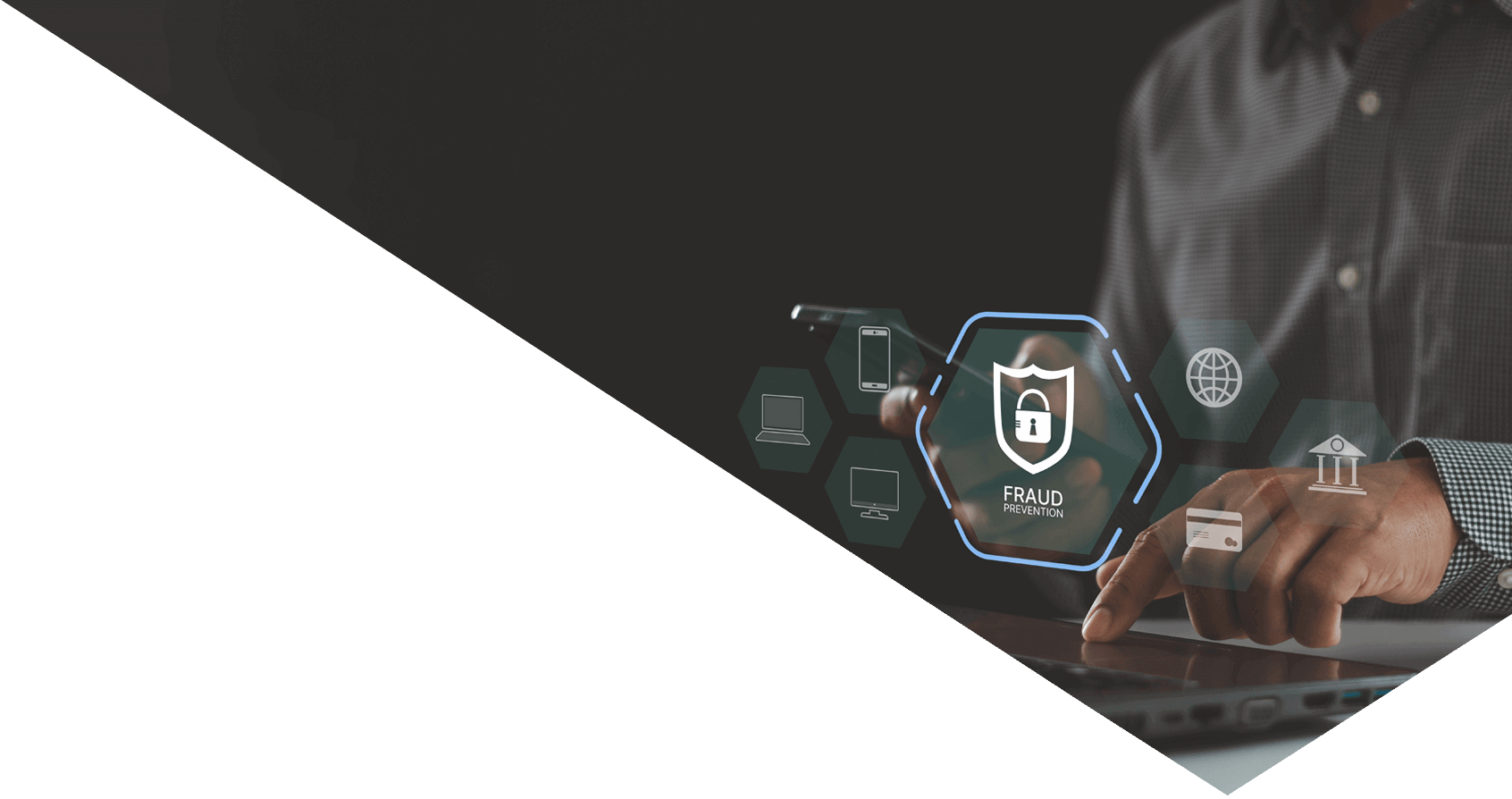 Fraud prevention button, concept about cybersecurity, credit card and identity protection against cyberattack and online thieves, phishing scam, mobile phone hacker, bank account threat and fraud.