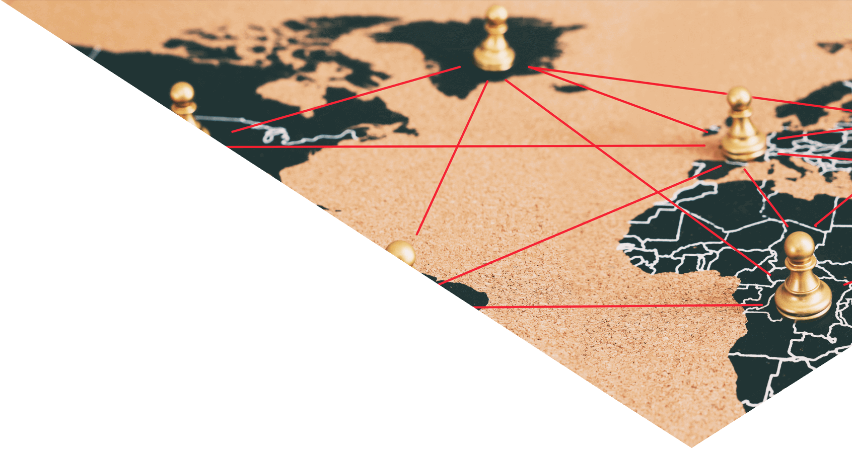 world map with chess pieces on each continent and red lines in between