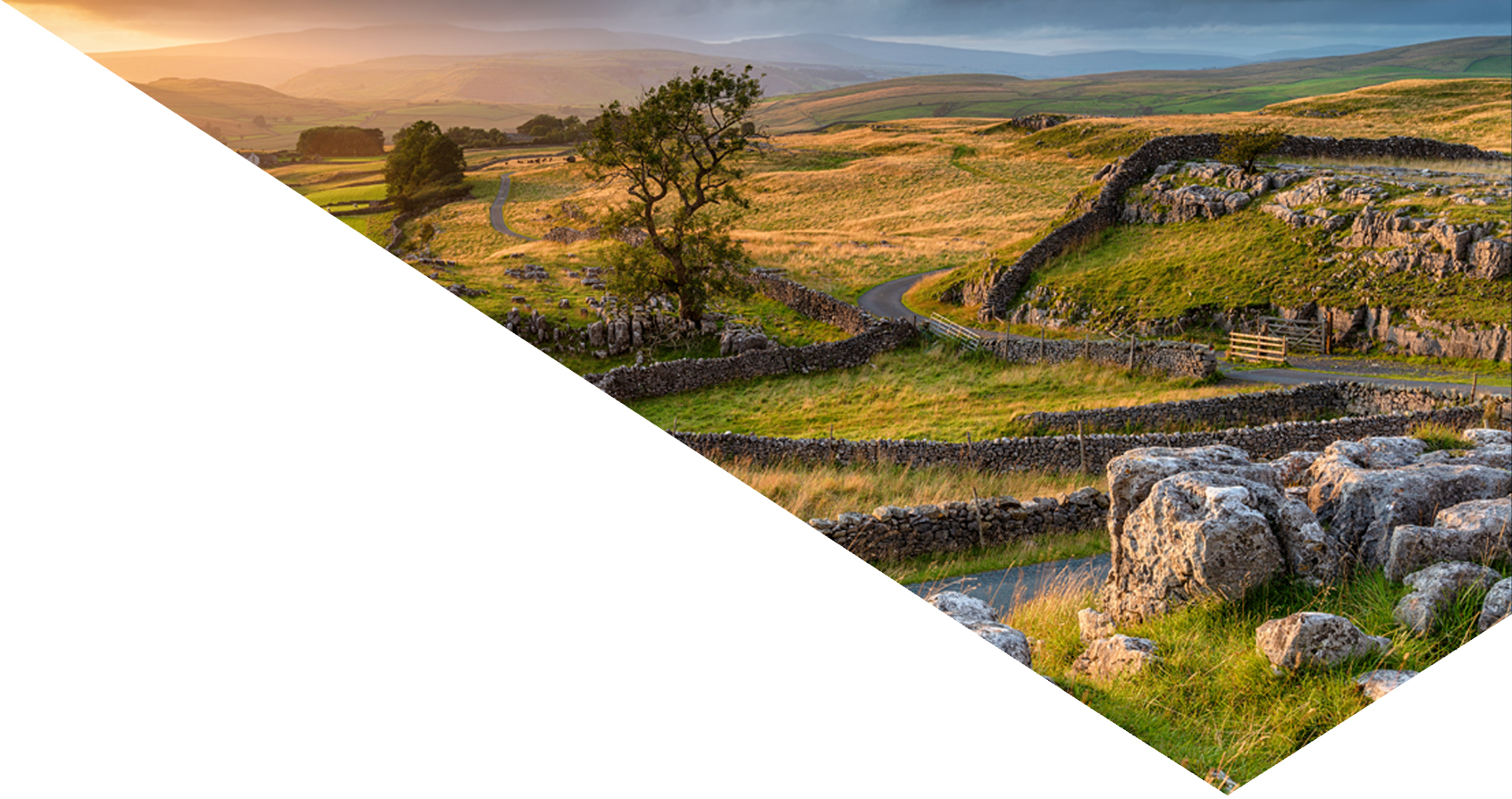 a peaceful countryside glows under a golden sunset