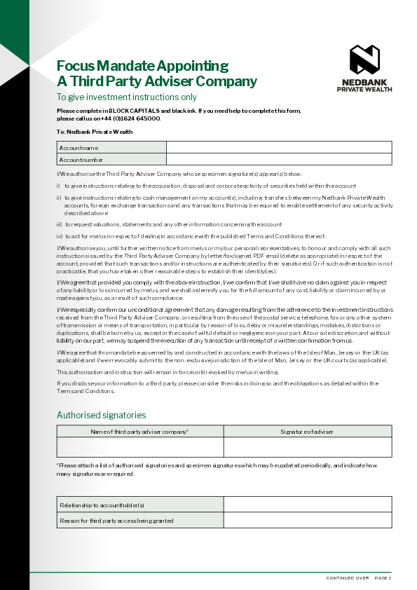 Focus appoint third party adviser company mandate