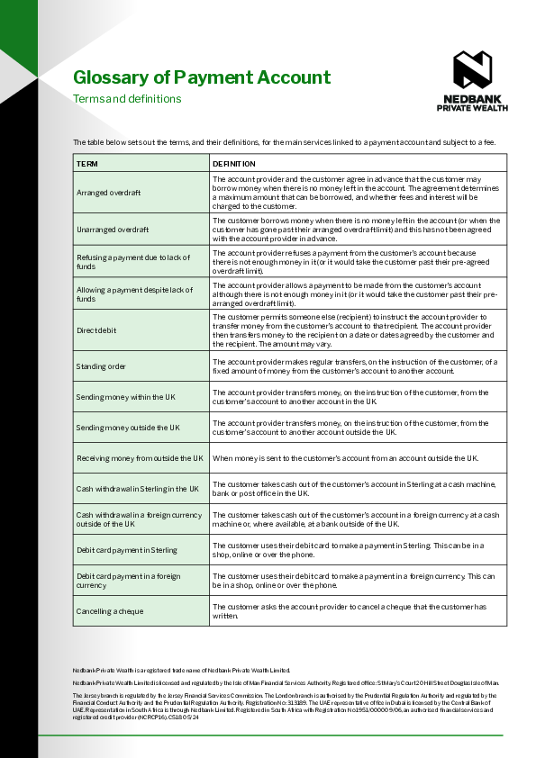 Payment account glossary of terms